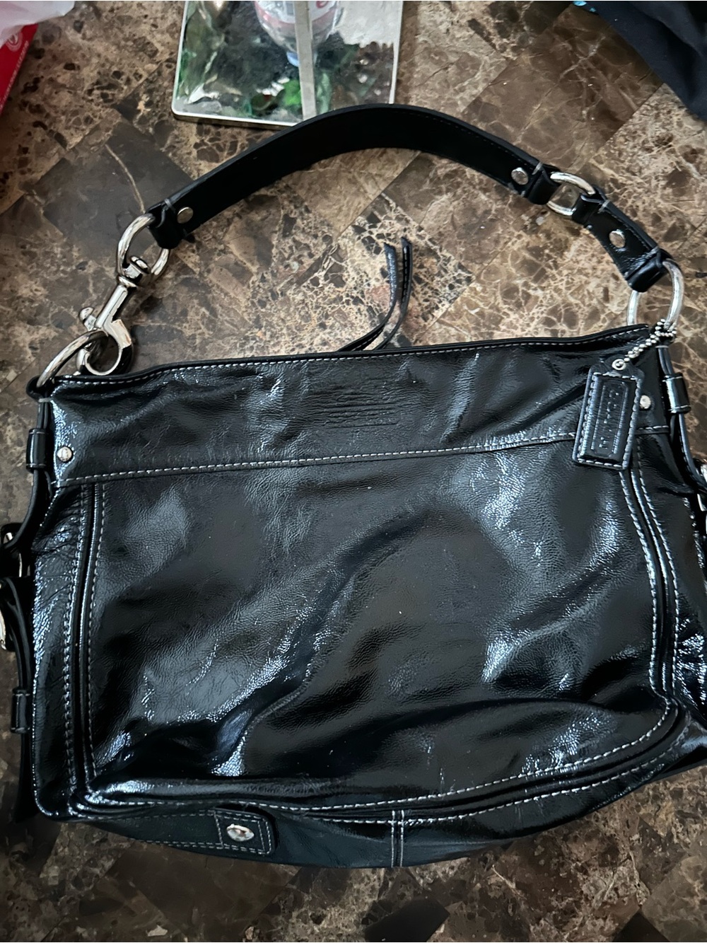 Coach Black Patent Leather Zoe Shoulder Bag Y2K Hardware Silver Hobo
